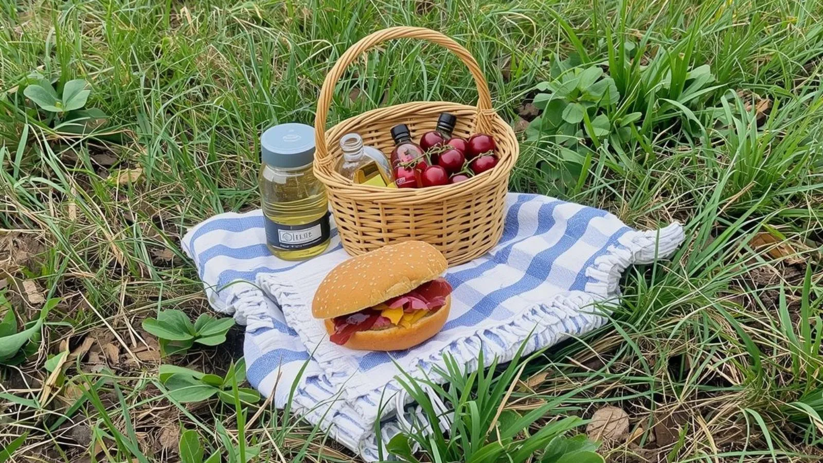 March picnic ideas with a spring picnic blanket, basket, plates, and a blank card in a sunny park.