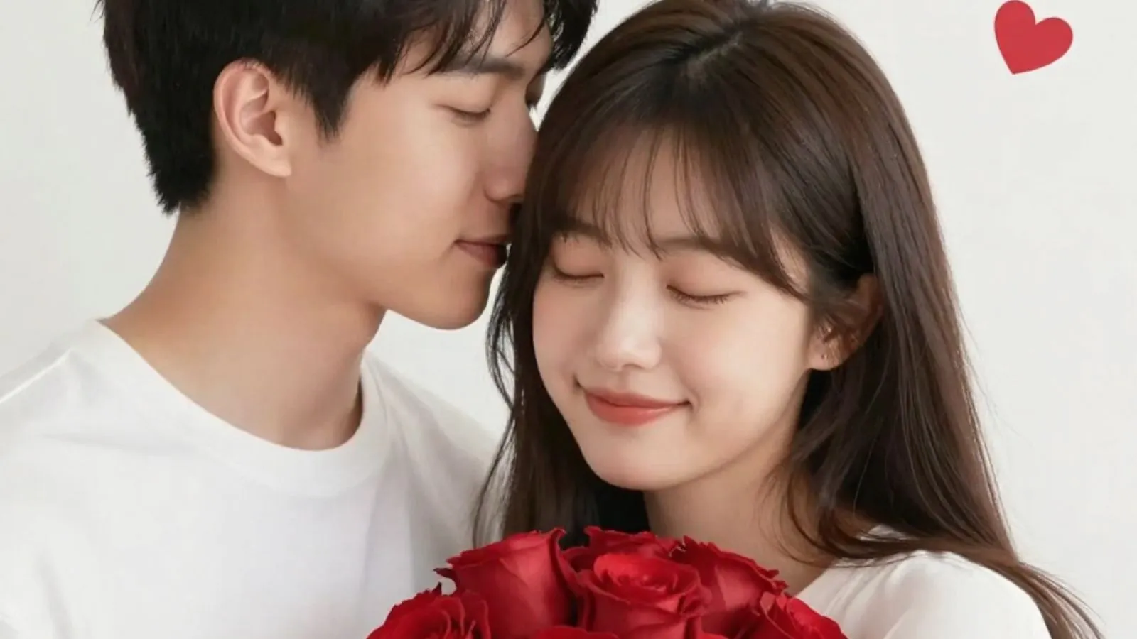 Couple enjoying a romantic Valentine’s moment with lights and hearts.