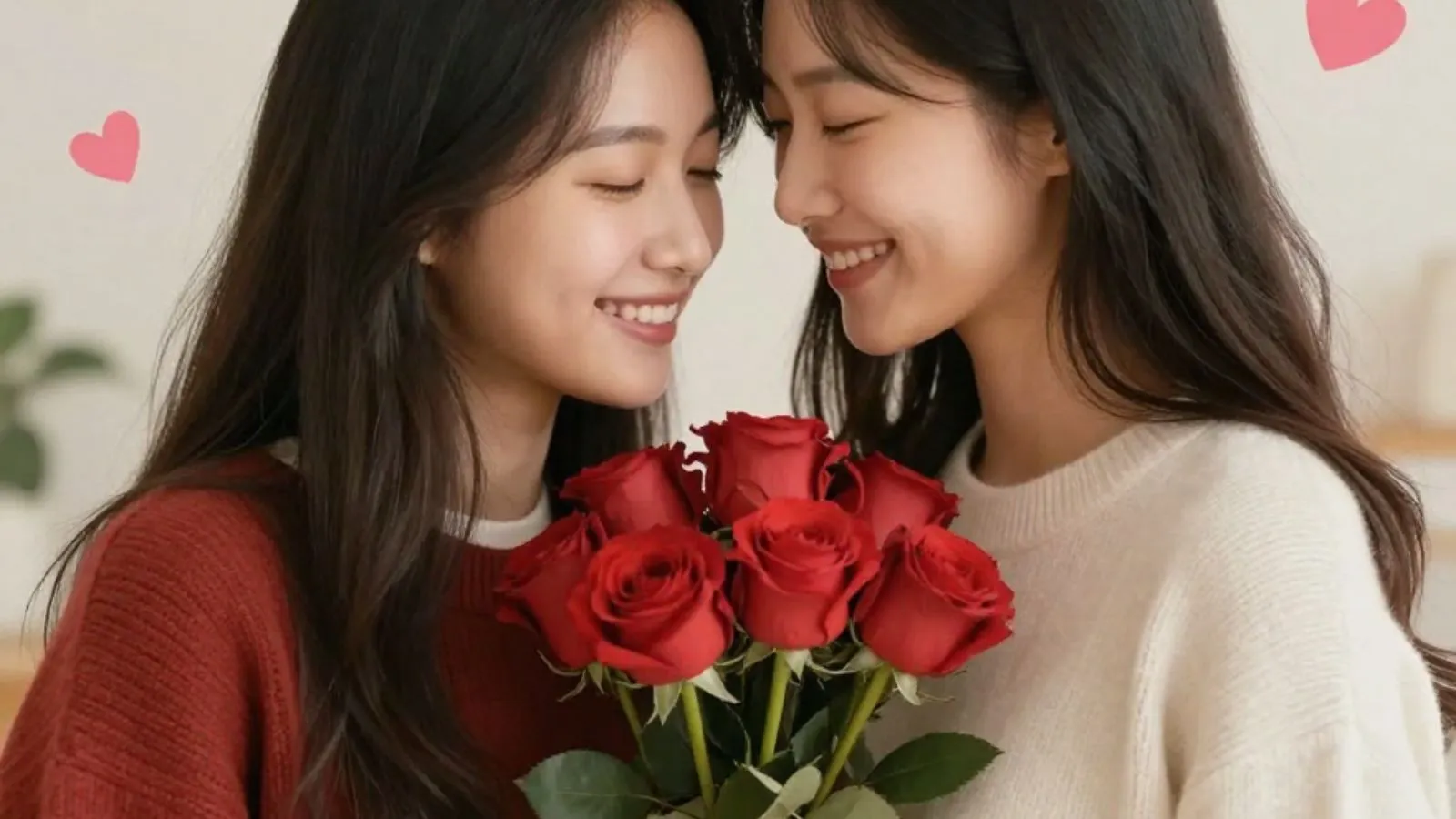 Couple in a romantic Valentine's embrace with lights and hearts.