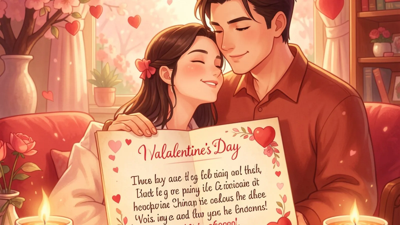 Romantic Valentine's Day scene of a couple sharing a loving moment by the fire, perfect for wishes to husband